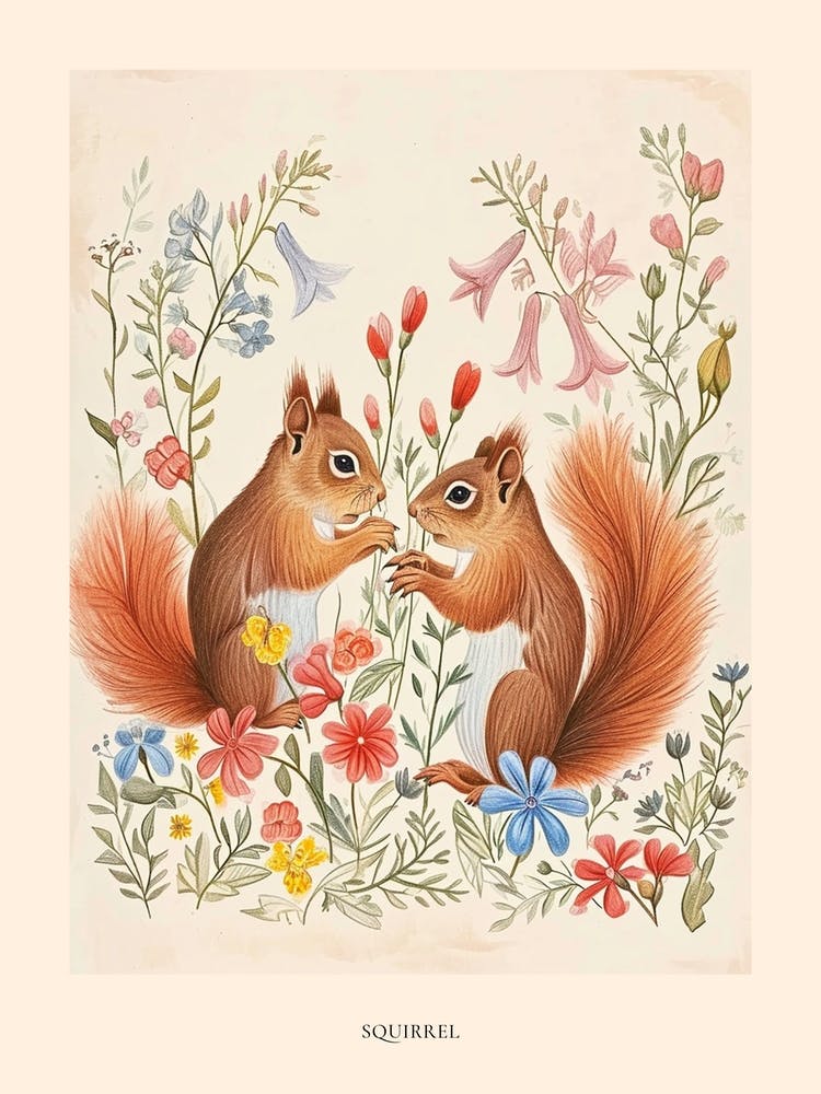 Folksy Floral Animal Drawing Squirrel Poster