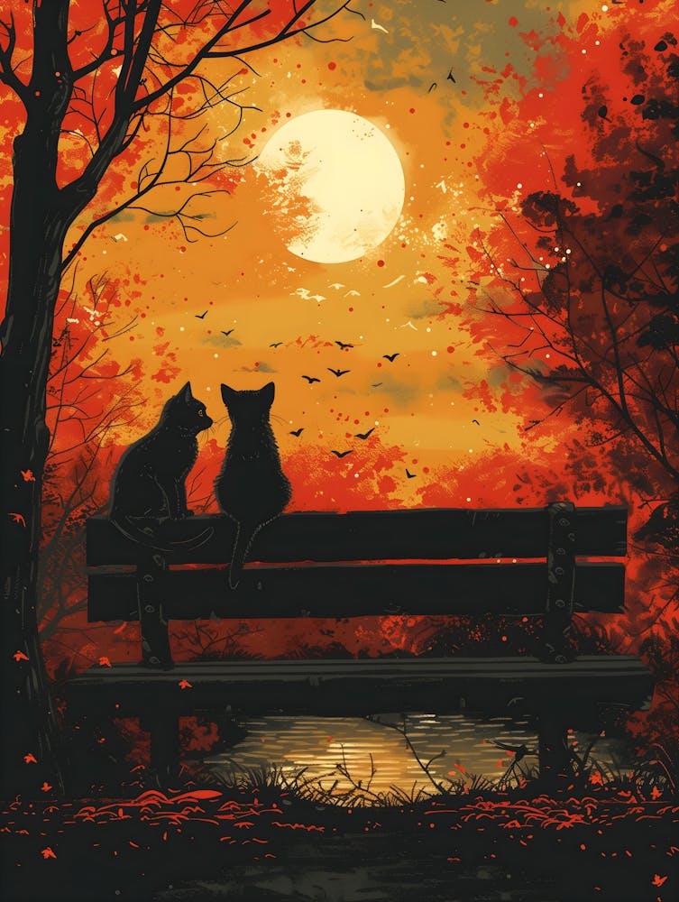 Two Cats On A Bench, Vibrant, Bold Colors, Pop Art