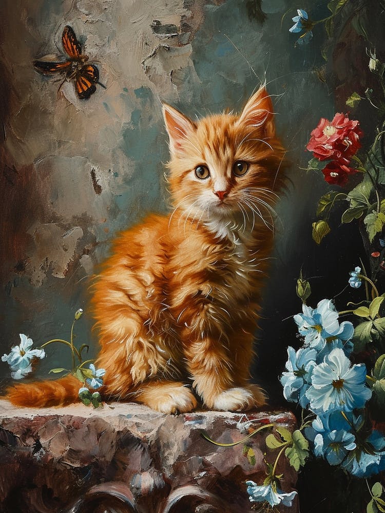 Kitten With Flowers & Butterflies Rococo Inspired