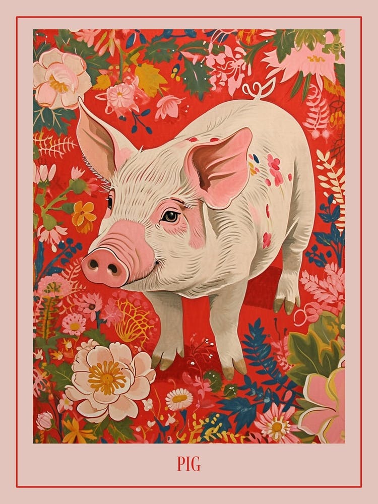 Floral Animal Painting Pig 2 Poster