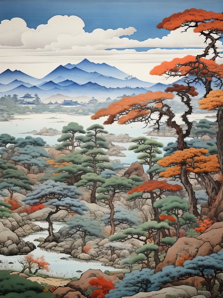 Jardin Ritsurin à Kagawa, Dessin Ukiyo-e 3