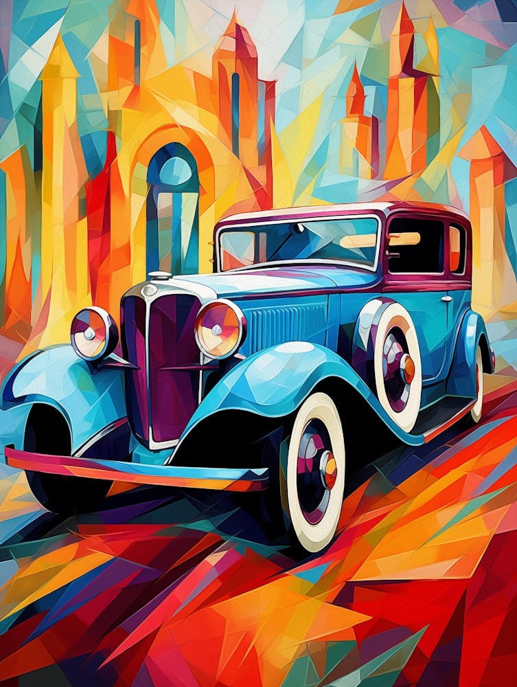 Vintage Old Truck VII, Avant Garde Abstract Vibrant Colorful Painting in Cubism Style