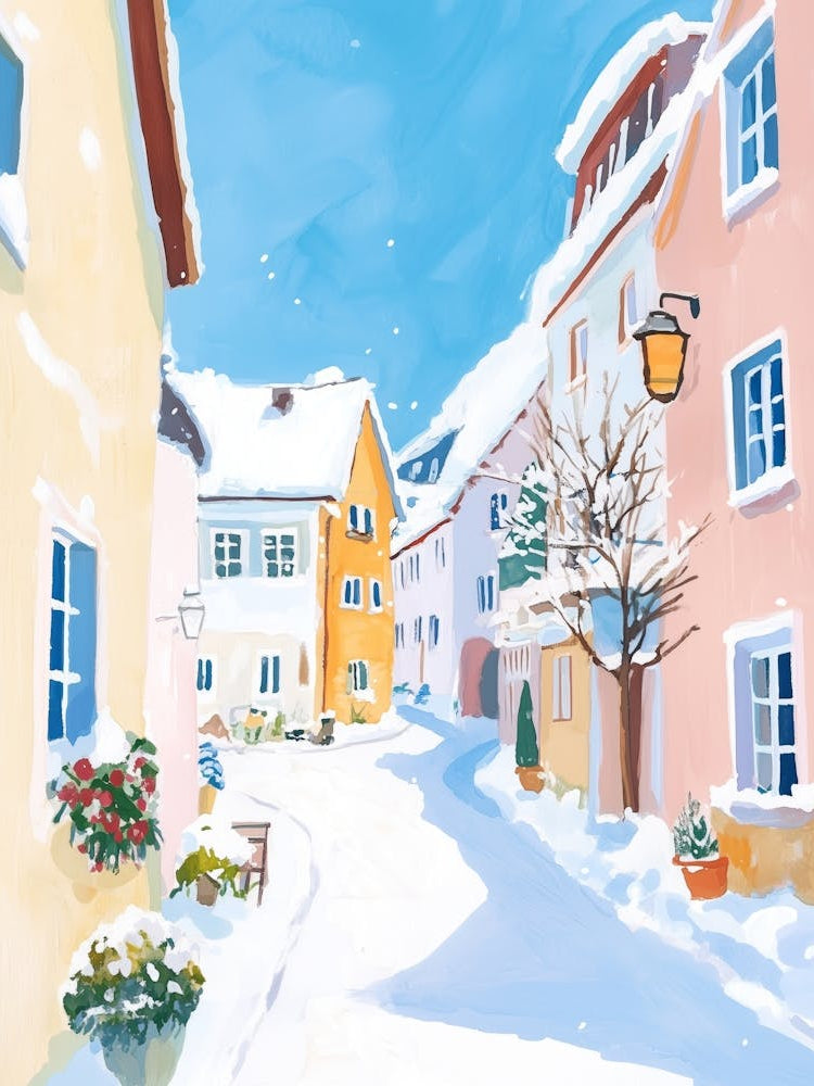 Crispy Winter Morning In Town Gouache Painting