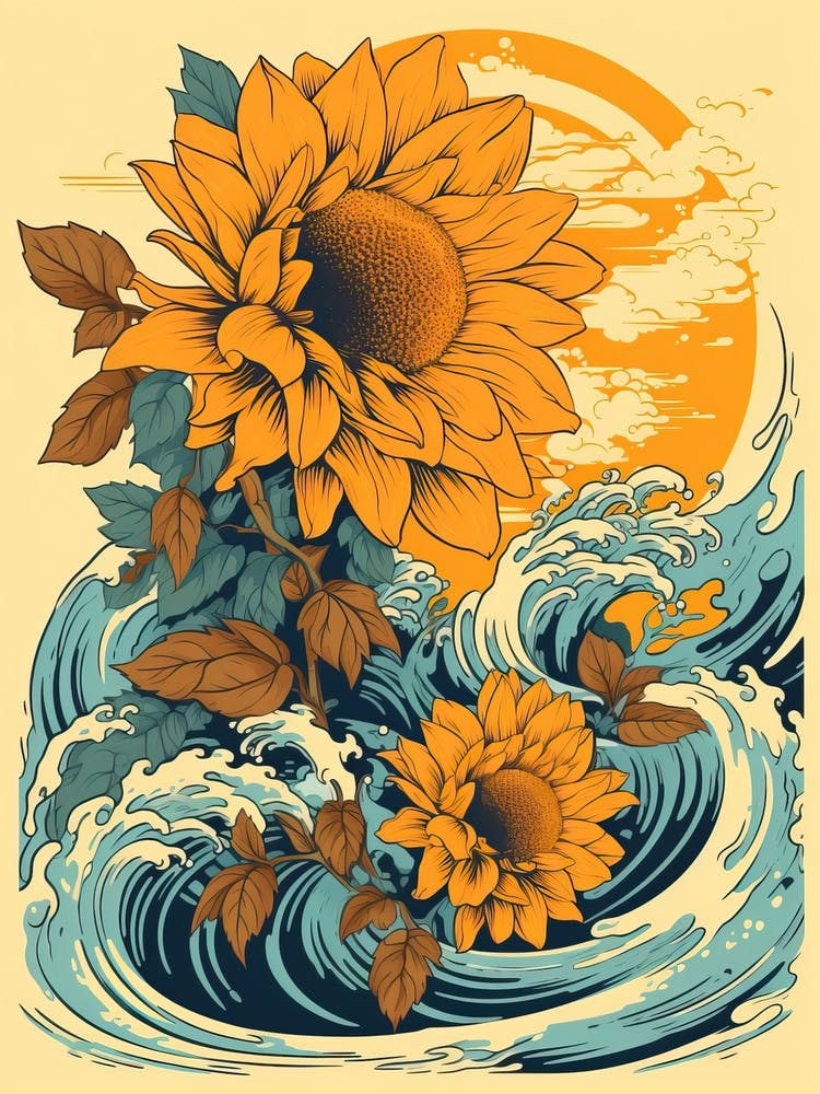 Great Wave With Sunflower Flower Drawing In The Style Of Ukiyo E 2
