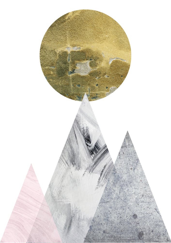 Large Gold Moon With Pink and Grey Mountains