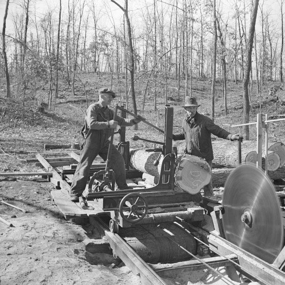 Setting The Fresh Log In Position To Be Sawed, Country Sawmill Near Omaha, Illinois By Russell Lee