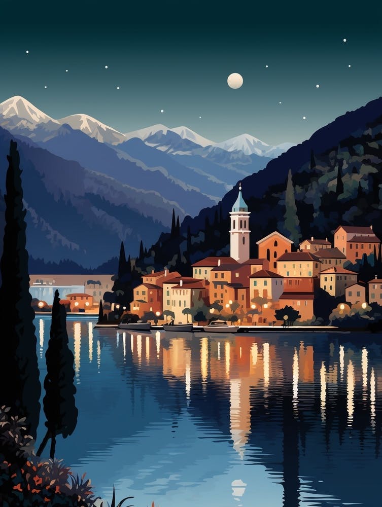 Winter Travel Night Illustration Lake Como Italy 2