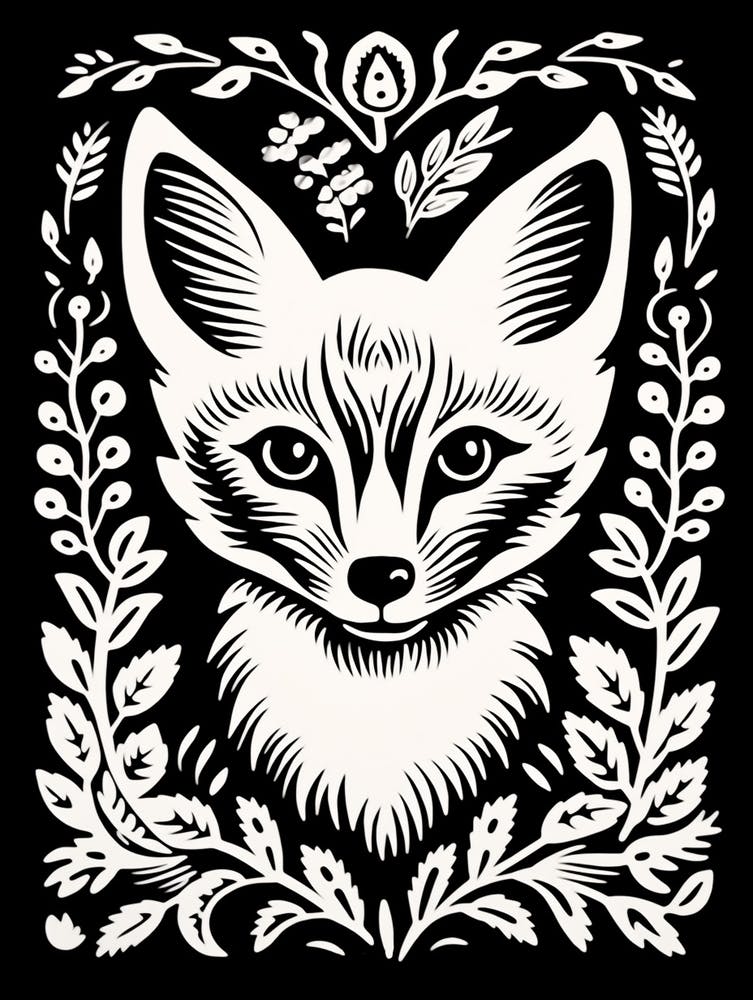 Linocut Fox Illustration Black 11