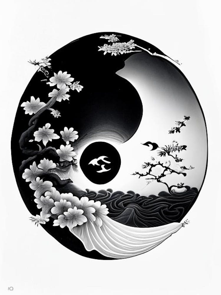Black And White Yin and Yang 2, Japanese Ukiyo E Style