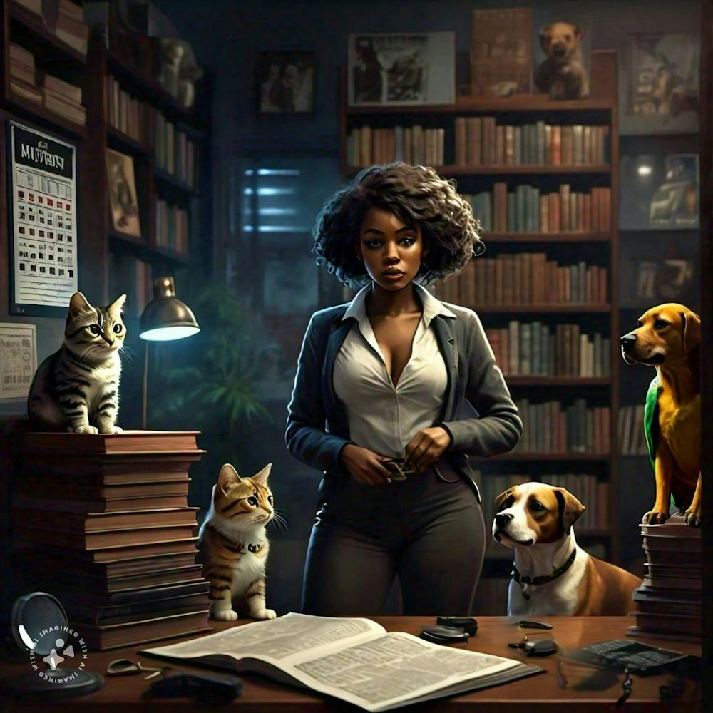 Woman In A Library With Dogs 1