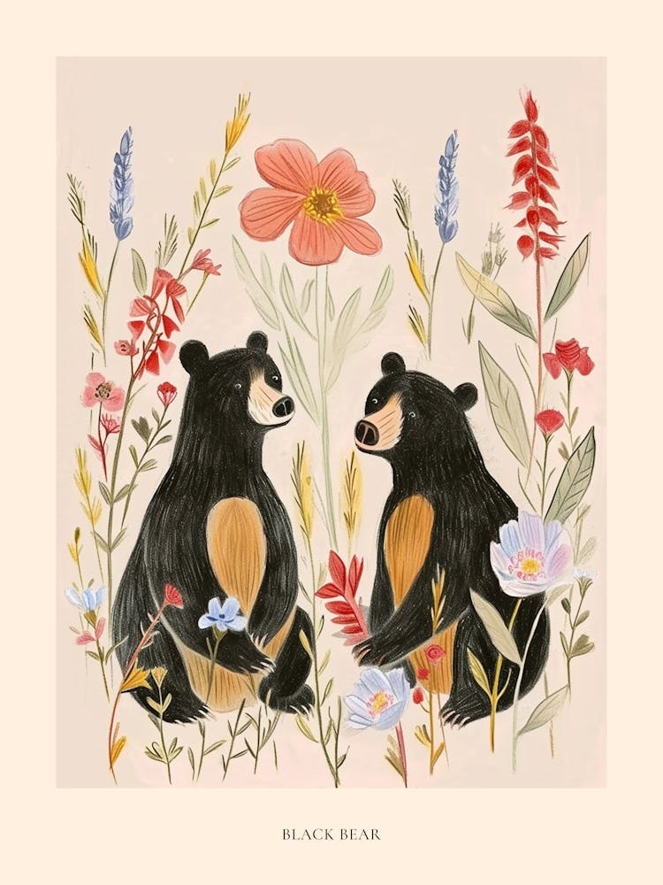 Folksy Floral Animal Drawing Black Bear Poster