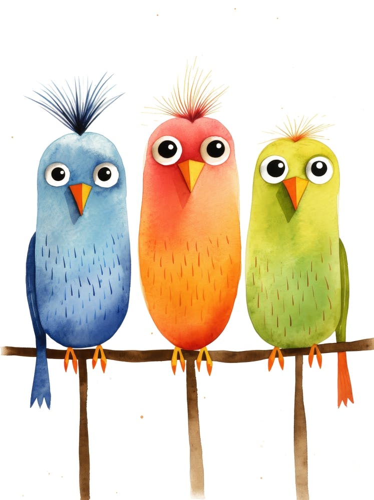 Drei bunte Vögel auf einem Ast 1