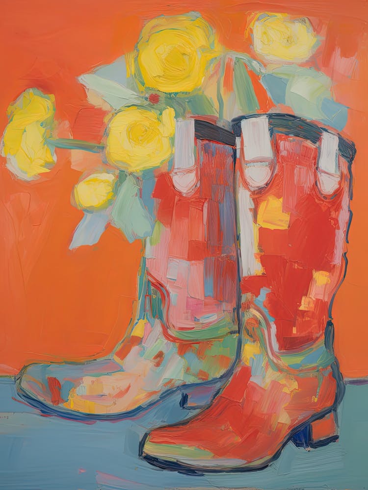 Painting Of Daffodil Flowers And Cowboy Boots, Oil Style 4