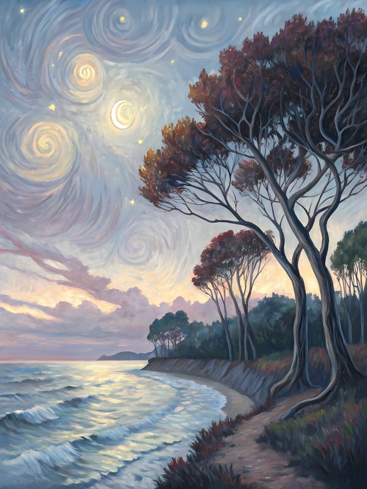 Van Gogh Coastal Sunset Swirling Sky & Ocean Waves
