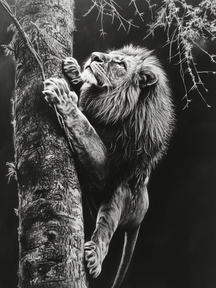 African Lion Charcoal Drawing Climbing A Tree 1