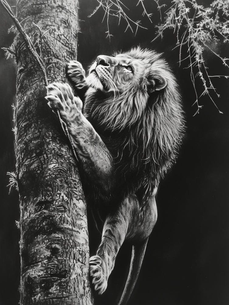 African Lion Charcoal Drawing Climbing A Tree 1