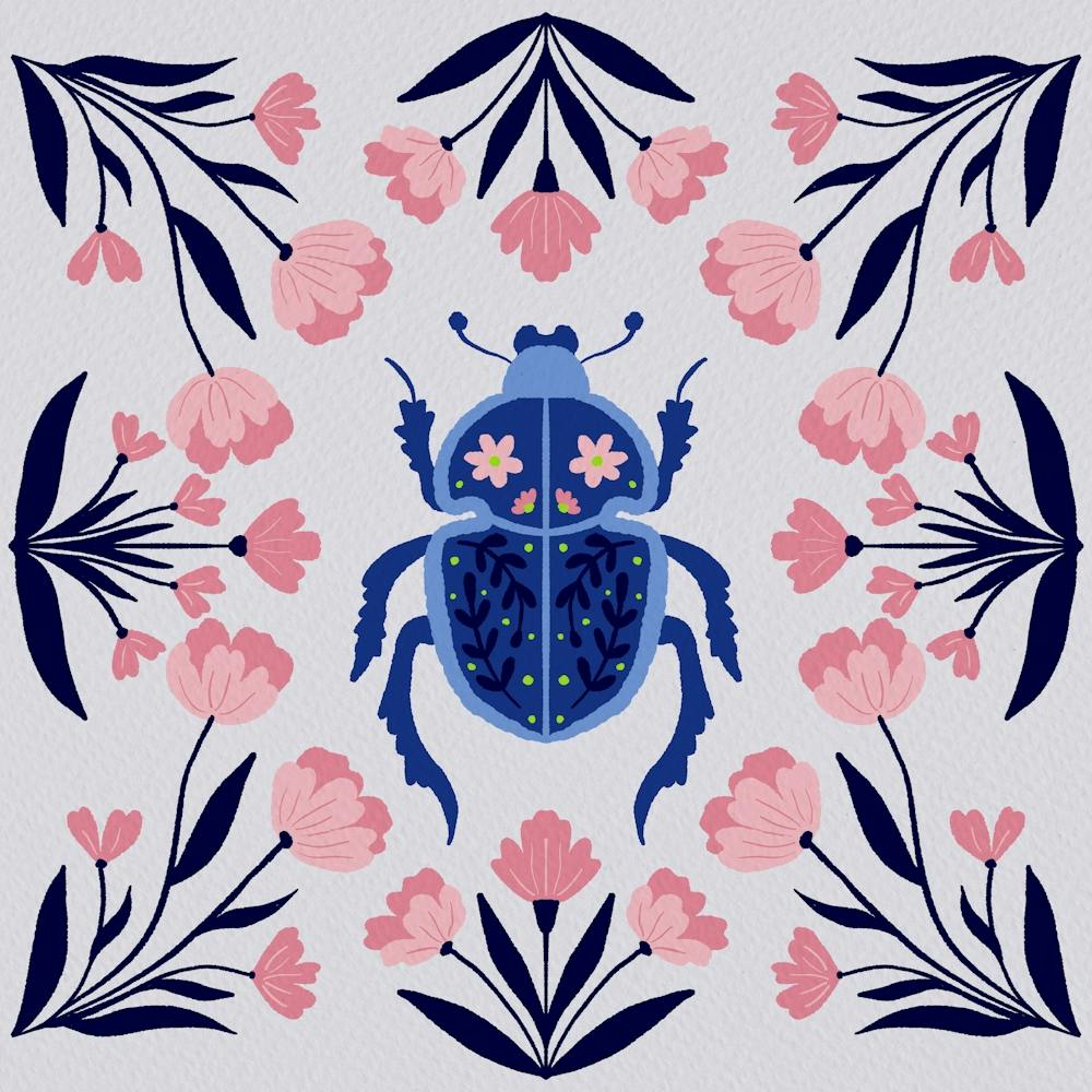 Käfer und Blumen - Pfirsich und Blau