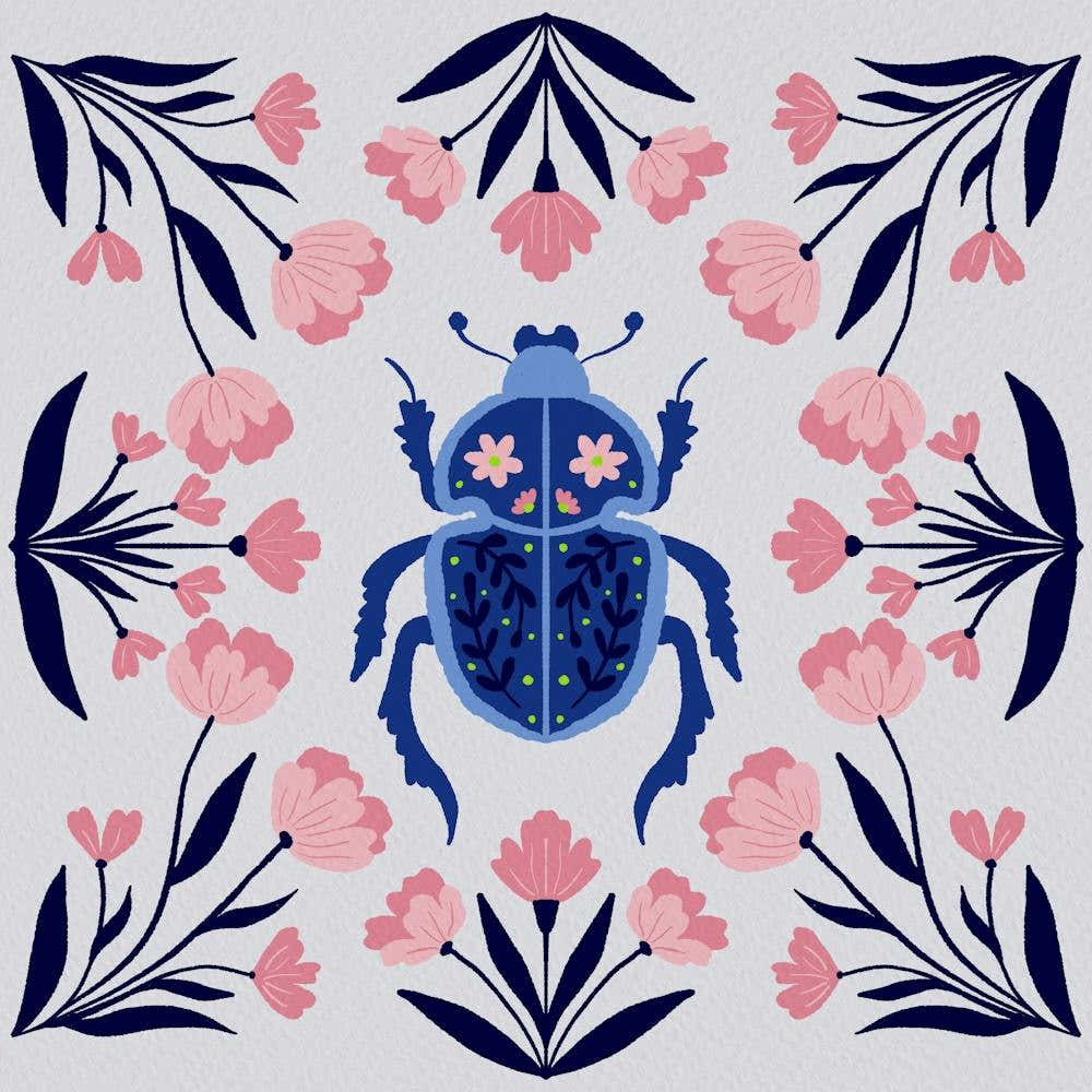Beetle and flowers - peach and blue