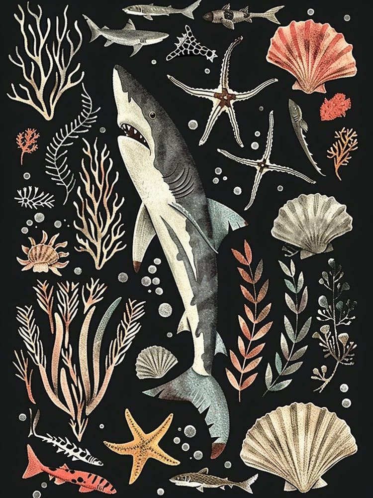 Mako Shark Seascape Black Background Illustration 2