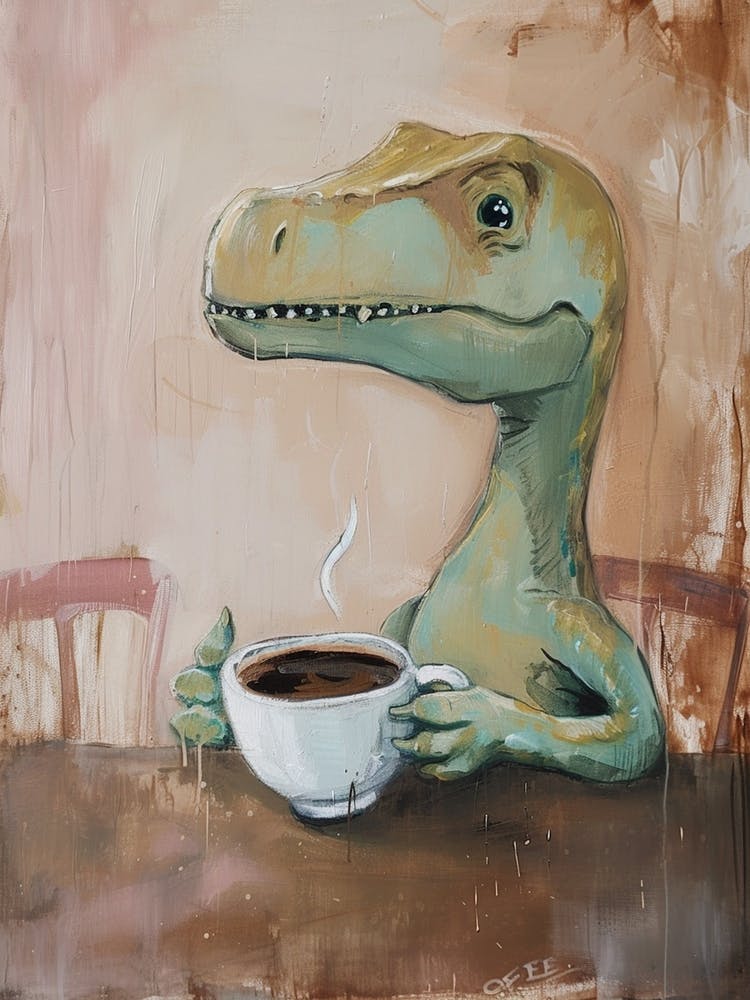 Dinosaur Drinking Coffee Muted Pastels 1