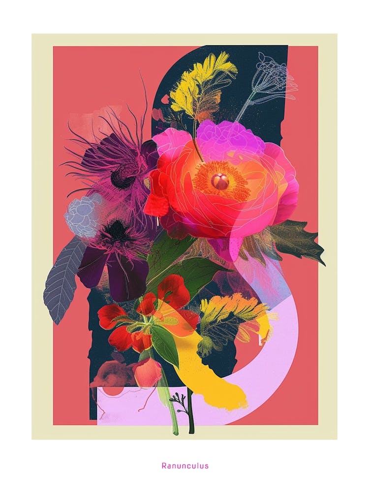 Ranunculus 4 Neon Flower Collage Poster