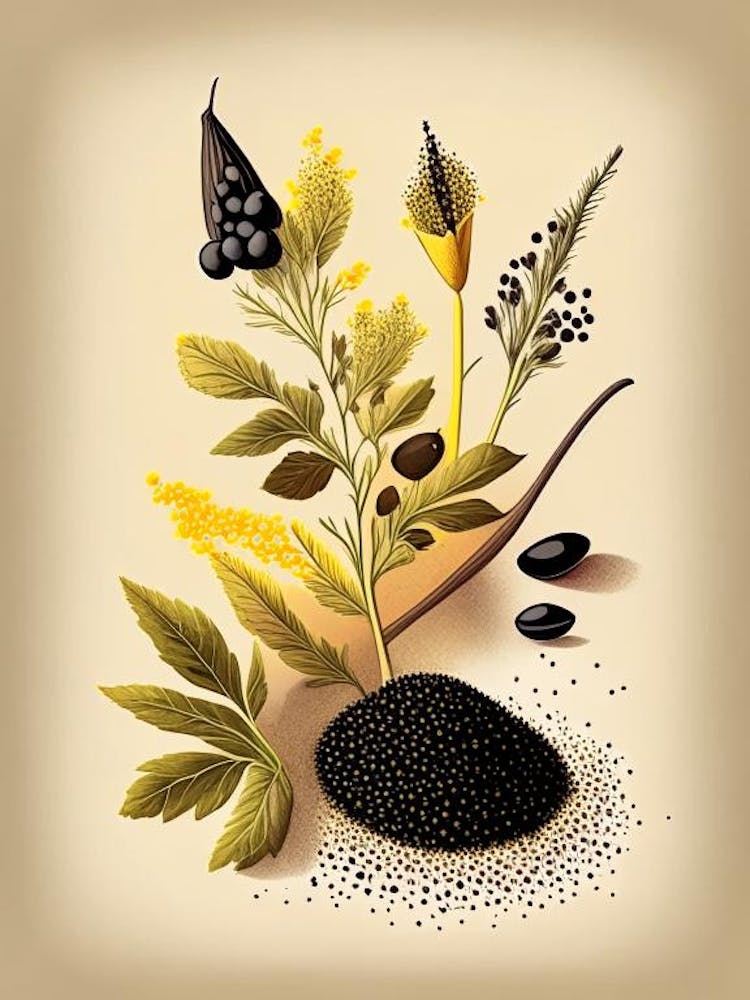 Black Mustard Seeds Spices And Herbs Retro Drawing 1