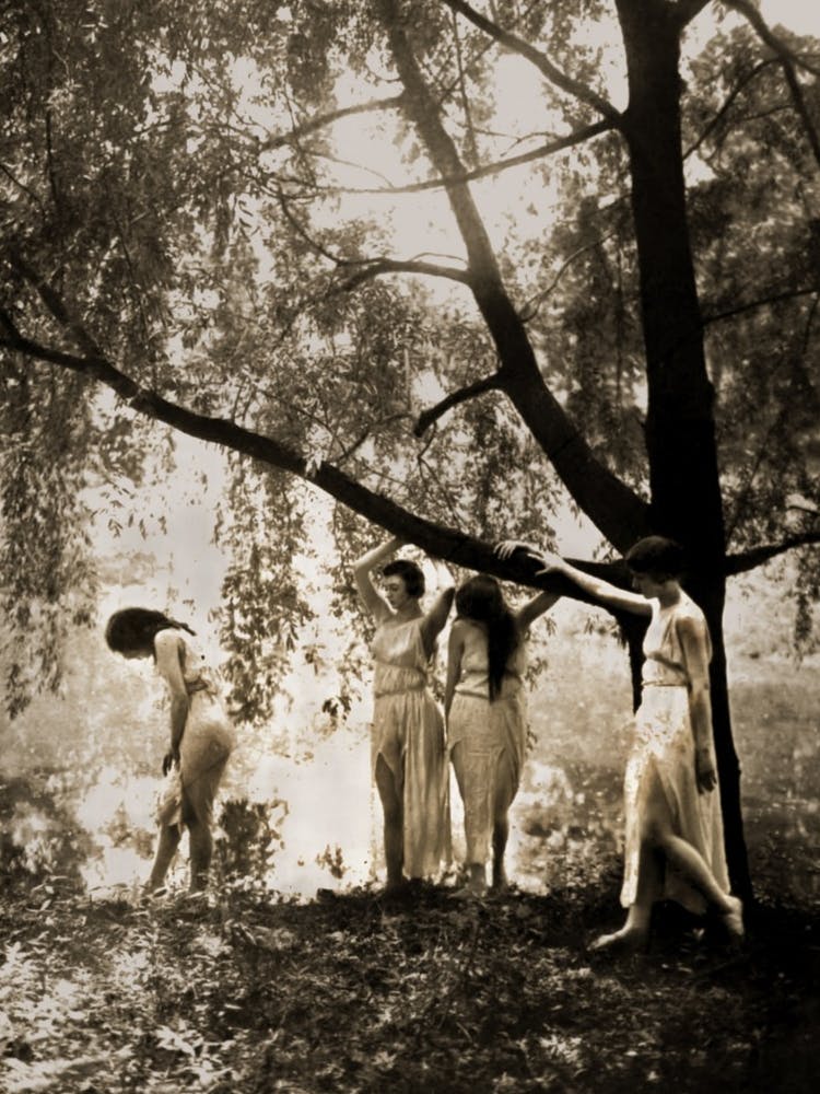 Wood Nymphs - Circle of Witches Dancing Sequence - Pagan Ladies in Greek Dress Midsummer Litha - Sepia Vintage Photography Remastered Witchy