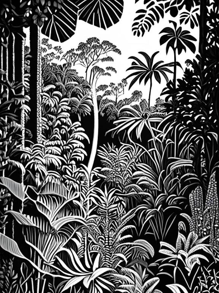 Nong Nooch Tropical Botanical Garden, Thailand Linocut Black And White Vintage