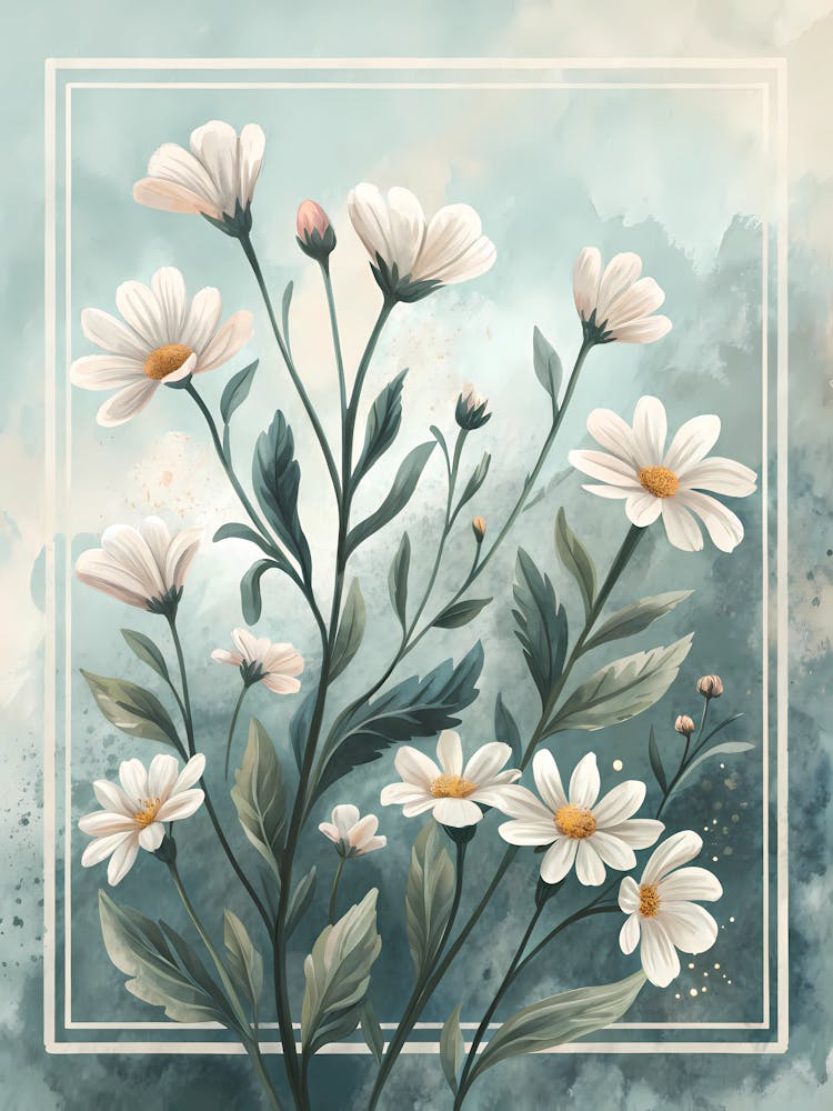 "Minimalist Floral Pattern with White Daisies Oil Painting Style