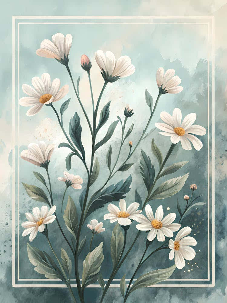 "Minimalist Floral Pattern with White Daisies Oil Painting Style