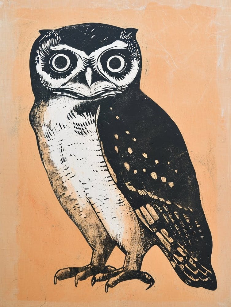 African Wood Owl Linocut Blockprint 1