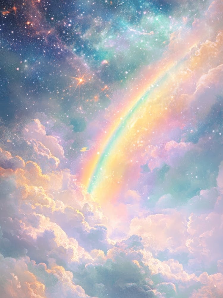 serene and dreamy dreamscape painting of a Soft rainbow forming in dreamlike sky in teal, lavender, coral in the style of impressionism Claude Monet lovely for bedroom, creative studio, or cozy corner