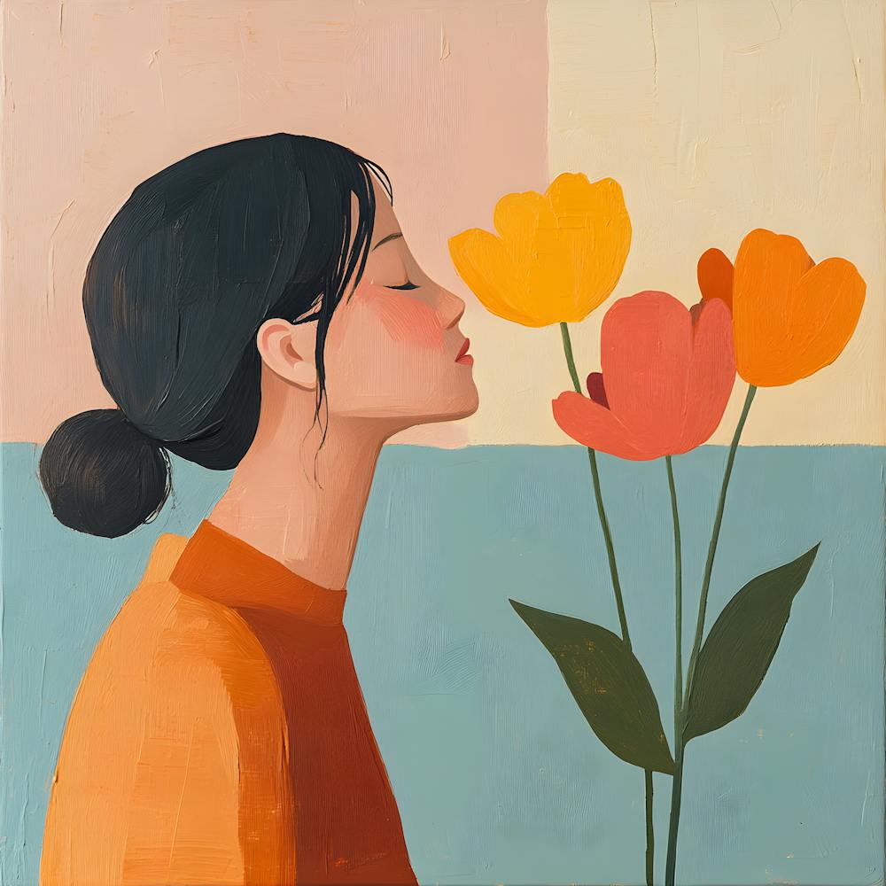 Minimalist Portrait Of Woman With Tulips