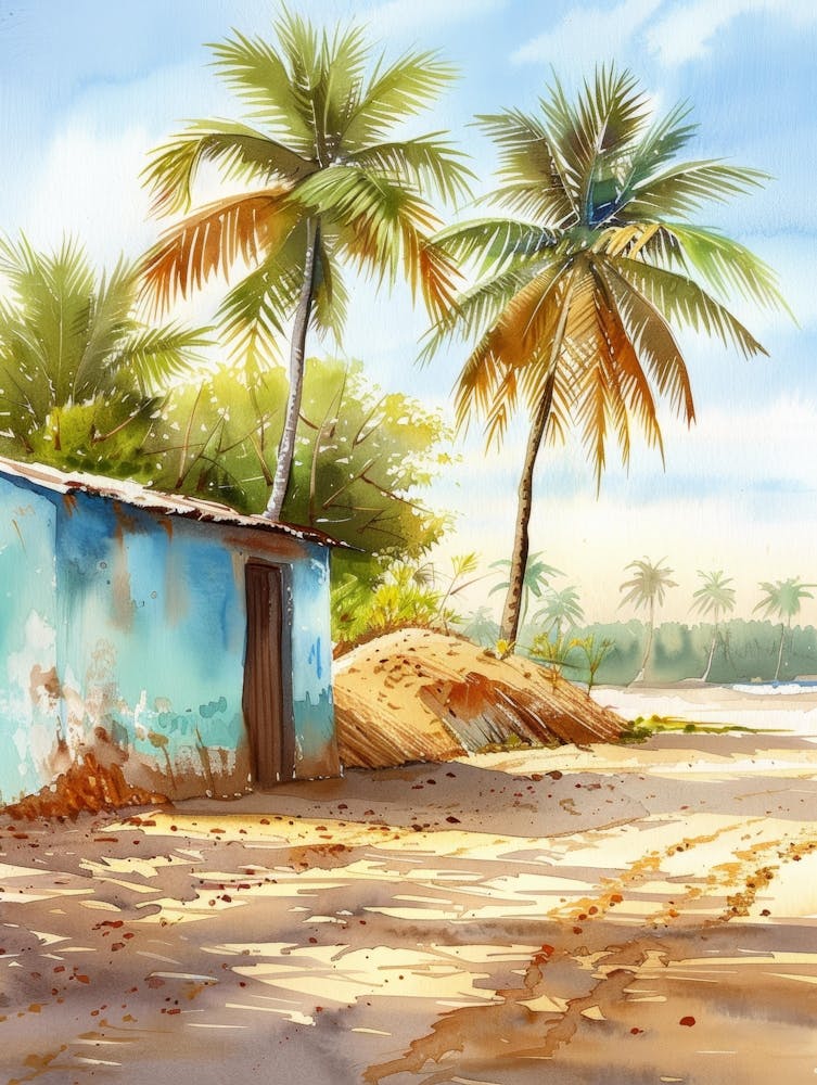 Watercolor Of A Hut On The Beach