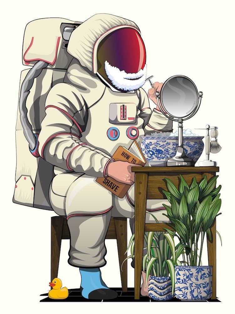 Astronaut Shaving in Bathroom