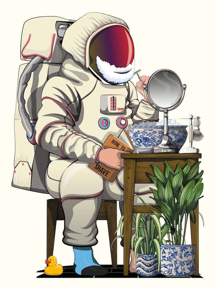 Astronaut Shaving in Bathroom