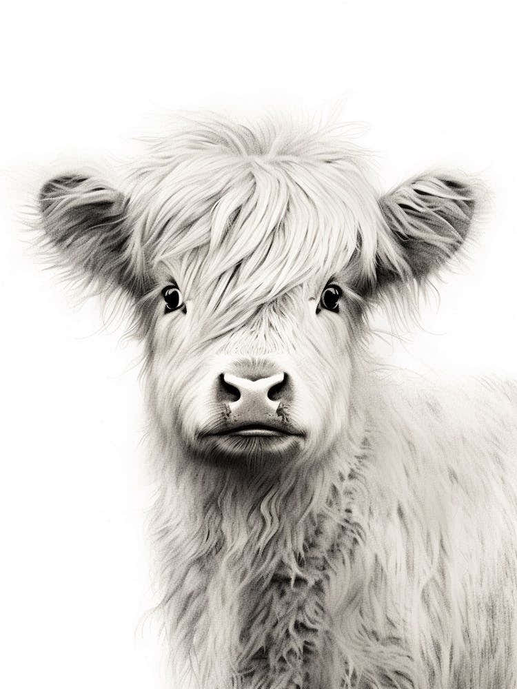 Black & White Illustration Of Baby Highland Cow