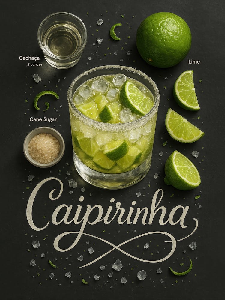 Caipirinha Cocktail Poster – Fresh Lime Brazilian Classic: Sweet and zesty, the caipirinha (or caipi) brings tropical flair with fresh lime and sugar. This kitchen or bar poster highlights the classic Brazilian cocktail with summer energy and minimal desi