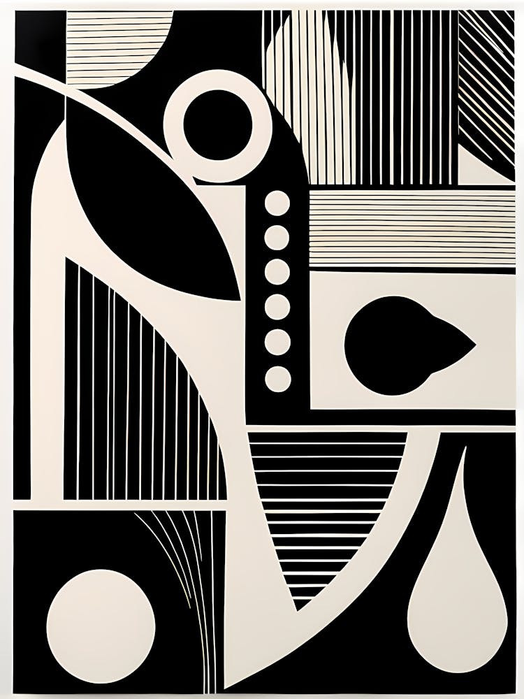 Retro Inspired Linocut Abstract Shapes Black And White Colors art, 177