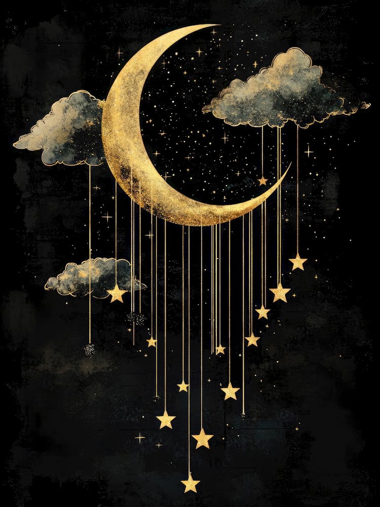 Moon and clouds in motion – twilight blacks and shimmery golds – celestial boho aesthetic – stylized digital gouache decorativesymbolic art – great for bedrooms, yoga studios, or celestial-themed interiors