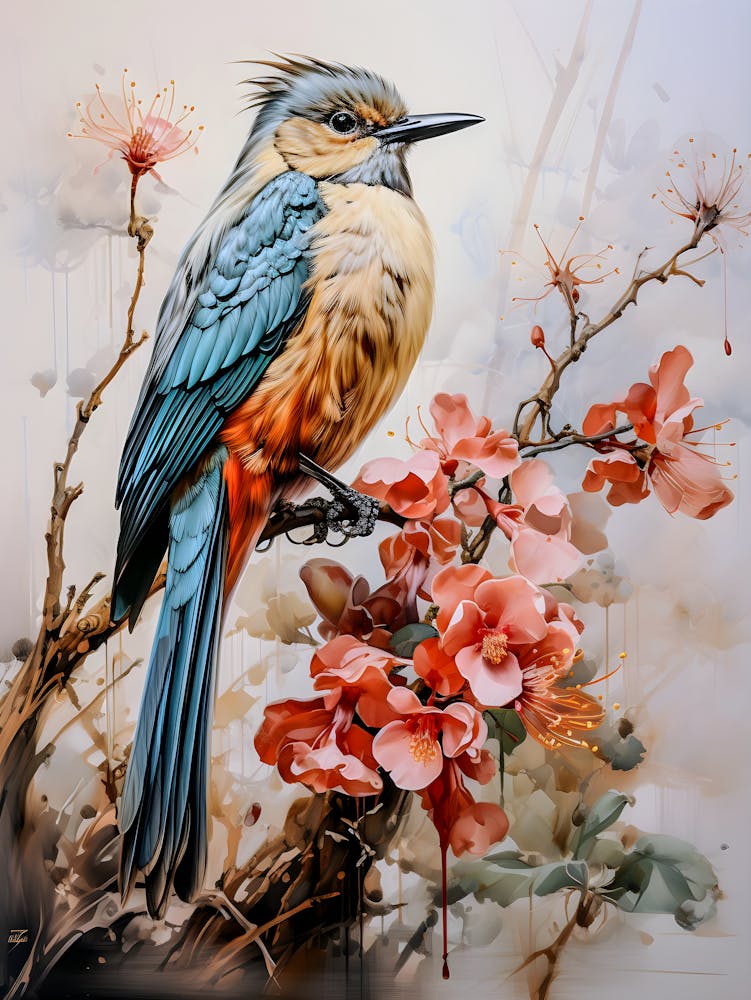 Graceful Perch: Songbird and Blossoming Flowers | Fine