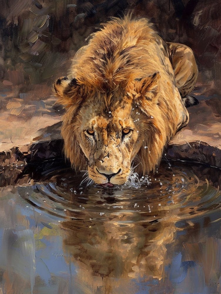 African Lion Drinking From A Watering Hole Acrylic Painting 2