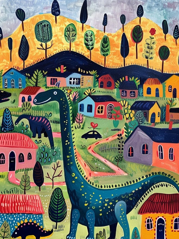 Cute Colourful Dinosaur In A Village 3