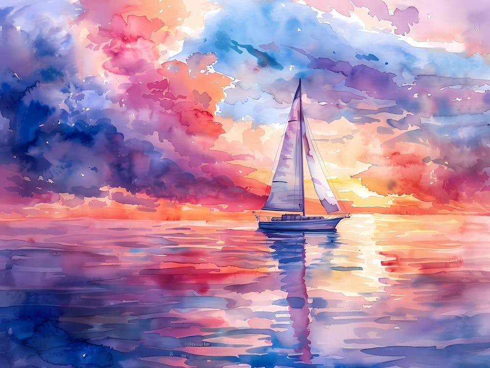 Watercolor Sailboat At Sunset 1