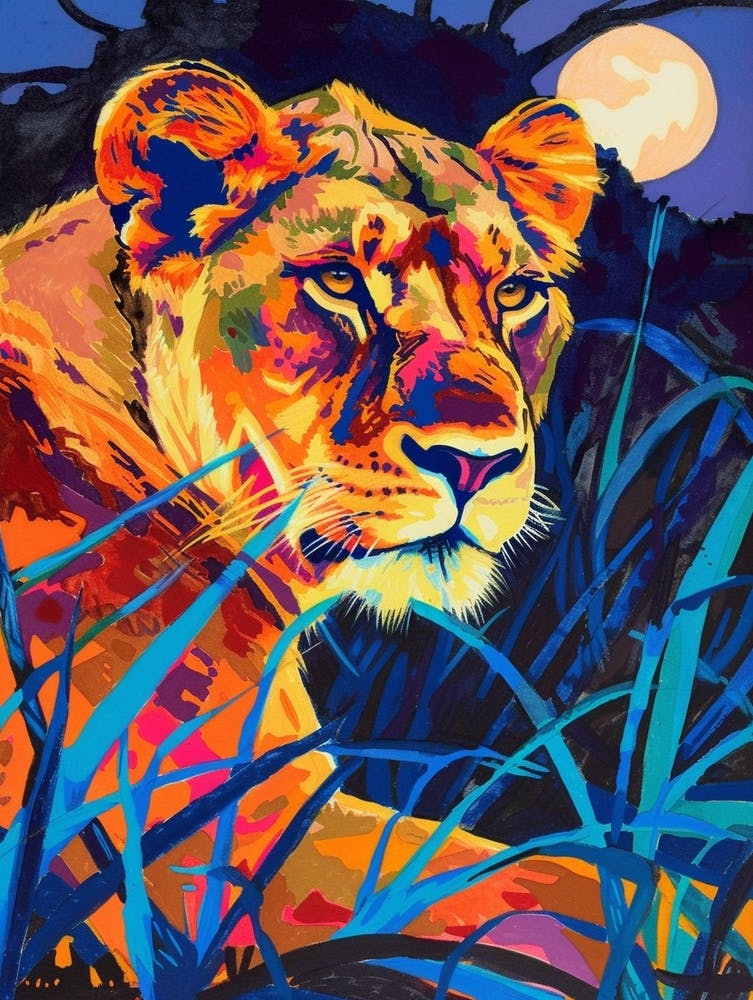 Southwest African Lion Night Hunt Fauvist Painting 4