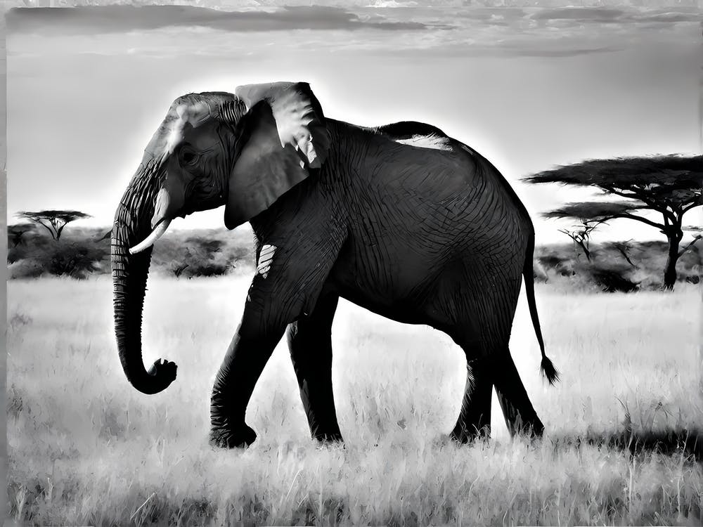 Black And White Vintage Photograph Of An Elephant In Africa Safari