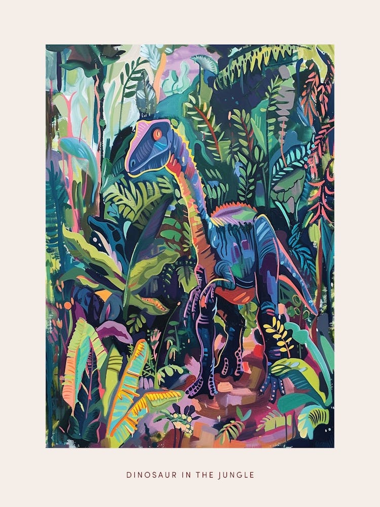 Colourful Dinosaur In The Jungle Leaves Painting 2 Poster