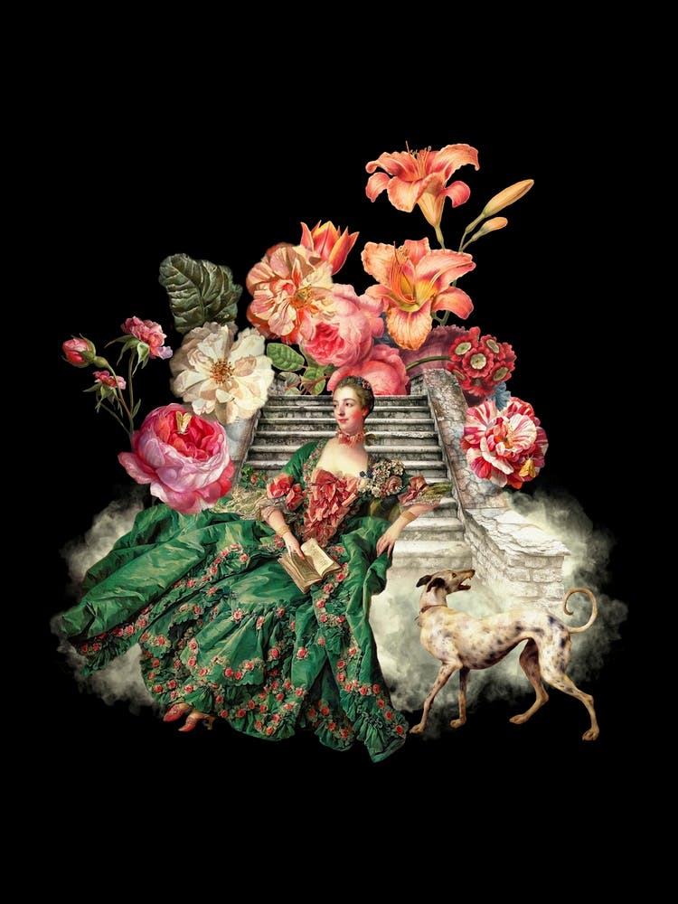 Marie Antoinette Sitting On Stairs With Dog And Flowers