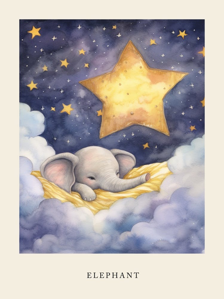Baby Elephant 2 Sleeping In The Clouds Nursery Poster