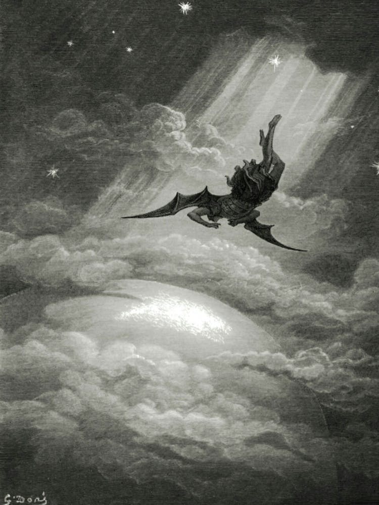 Paradise Lost 1882 - Gustave Doré - Satan Descends Upon the Earth - Satanic Witchy Remastered Sign Print Witchcore Horror Biblical Famous Monocrome Drawing Devil Witchcraft Dark Aesthetic